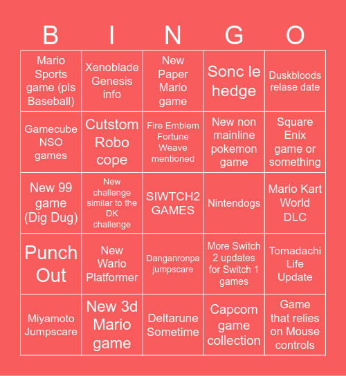 Nintendo Direct 9/9 Bingo Card