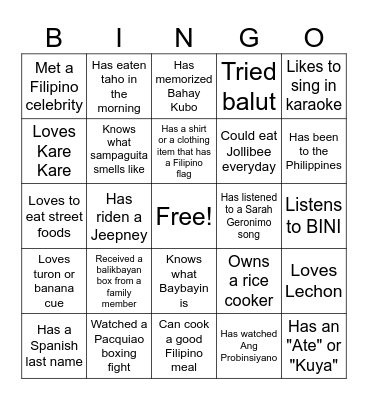 Ultimate Filipino Bingo Card