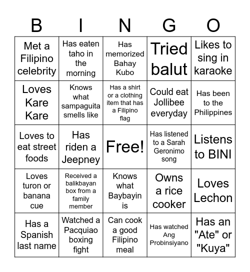 Ultimate Filipino Bingo Card
