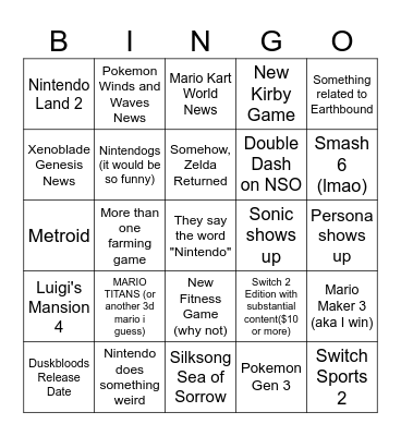 Nintendo Direct 9/9/2026 Bingo Card