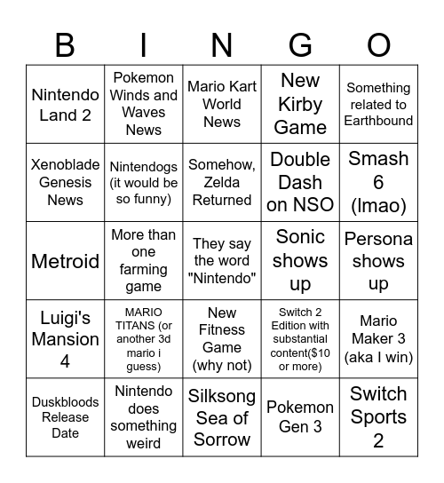 Nintendo Direct 9/9/2026 Bingo Card