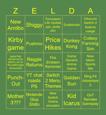 Nintendo Zelda/Switch 2 direct Bingo Card