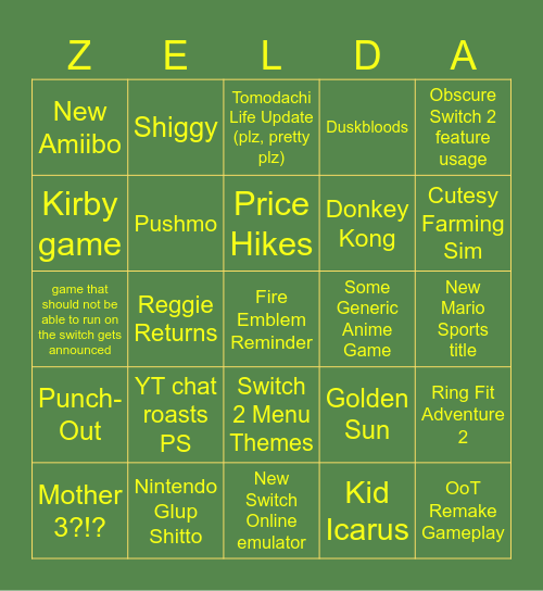 Nintendo Zelda/Switch 2 direct Bingo Card