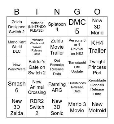 Nintendo Direct Bingo Card