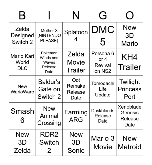 Nintendo Direct Bingo Card