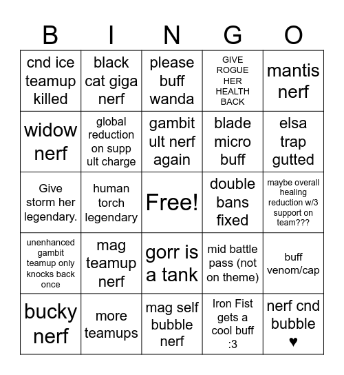 Rivals season 10 Bingo Card