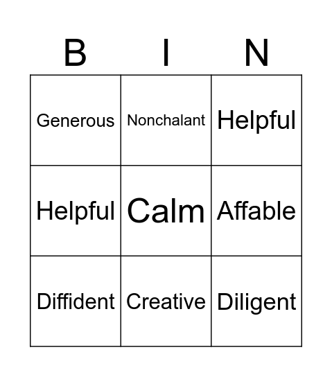 Personally Describtions Bingo Card
