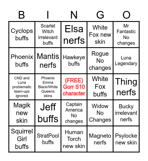 Marvel Rivals Season 10 Prediction List Bingo Card