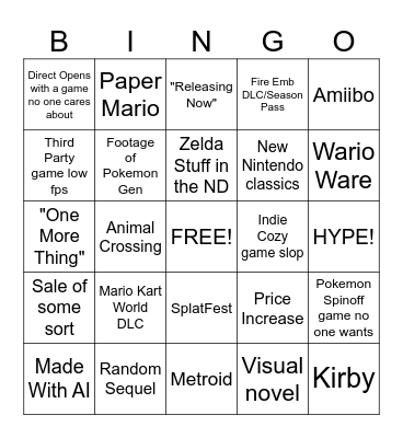 Nintendo Direct Sept 9th Bingo Card