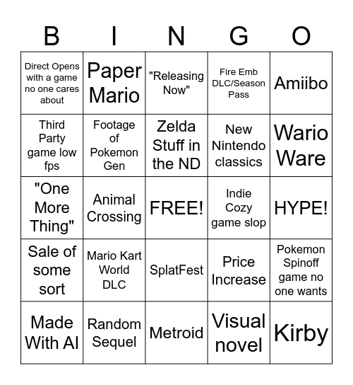 Nintendo Direct Sept 9th Bingo Card