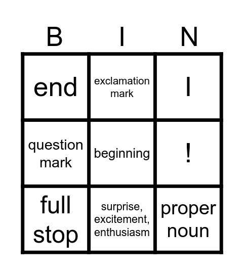 Beginning Punctuation Bingo Card
