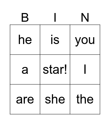 Sight words Bingo Card