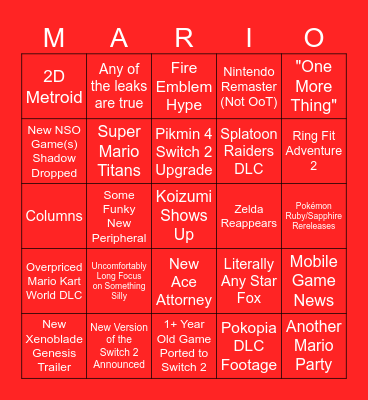 Nintendo Direct 9/9/26 Bingo Card