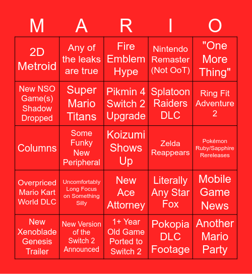 Nintendo Direct 9/9/26 Bingo Card