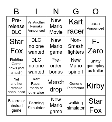 Nintendo Direct Bingo Card