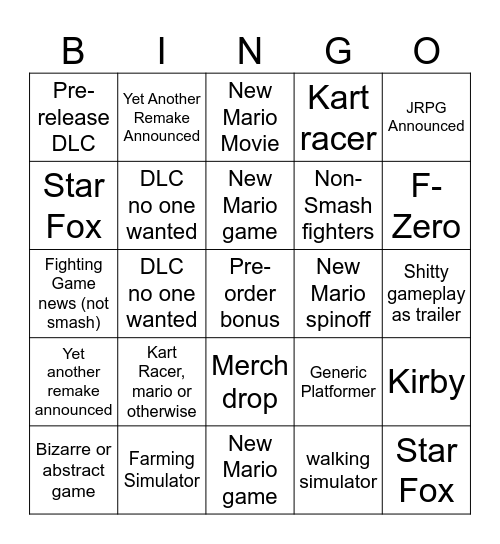 Nintendo Direct Bingo Card