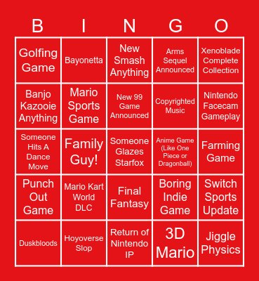 Nintedo Direct Bingo Card