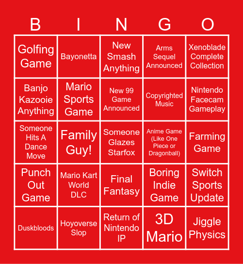 Nintedo Direct Bingo Card
