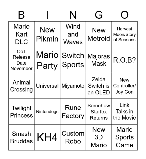 Nintendo & Zelda Direct Bingo Card