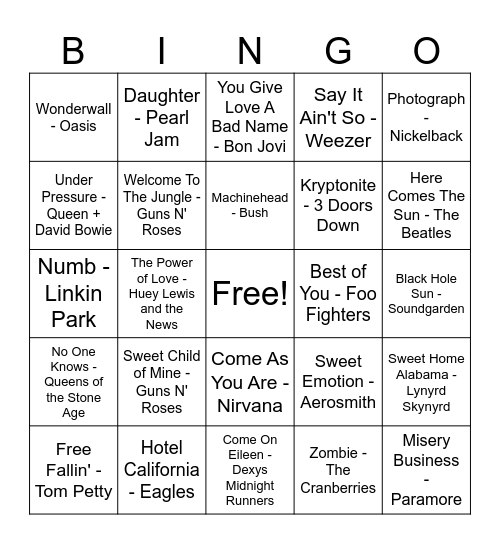 Music Song Bingo Card