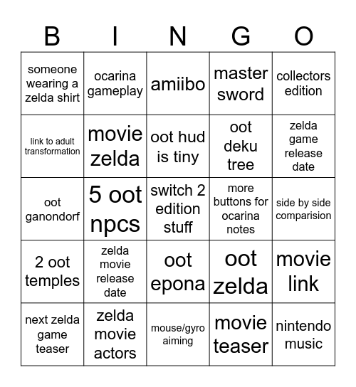 zelda bingo Card