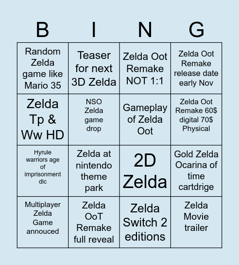 Zelda  Direct Bingo Card