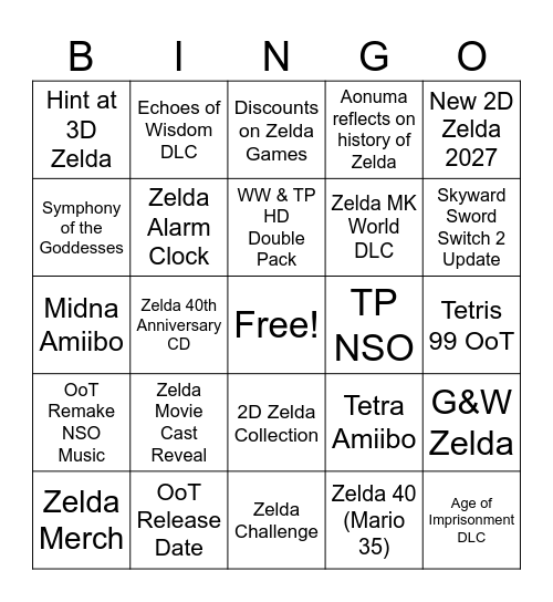 Zelda Direct 09/08/2026 Bingo Card