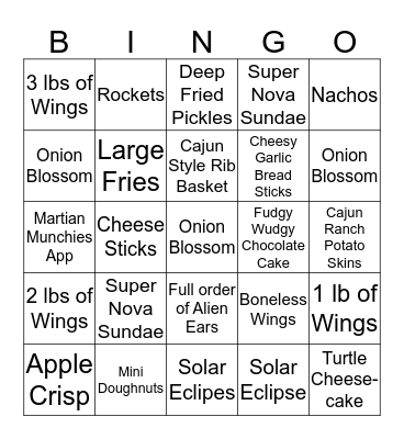 Appetizer & Desert BINGO Card