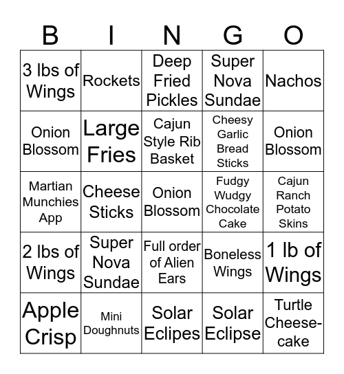 Appetizer & Desert BINGO Card