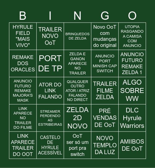 NINTENDO DIRECT ZELDA 40TH Bingo Card