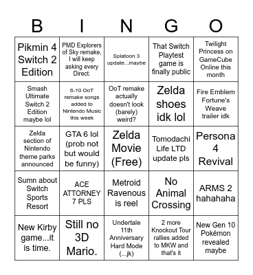 September 2026 Nintendo Directs Prediction Bingo Card