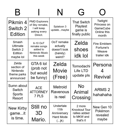 September 2026 Nintendo Directs Prediction Bingo Card