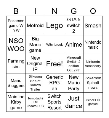 NINTENDO DIRECT Bingo Card