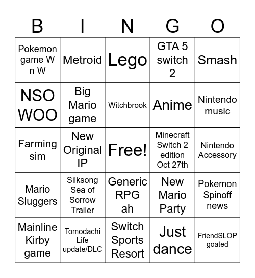 NINTENDO DIRECT Bingo Card