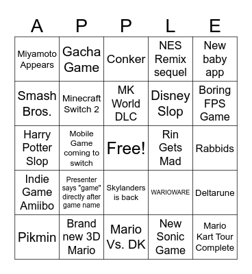 Nintendo Direct Bingo Apple Bingo Card