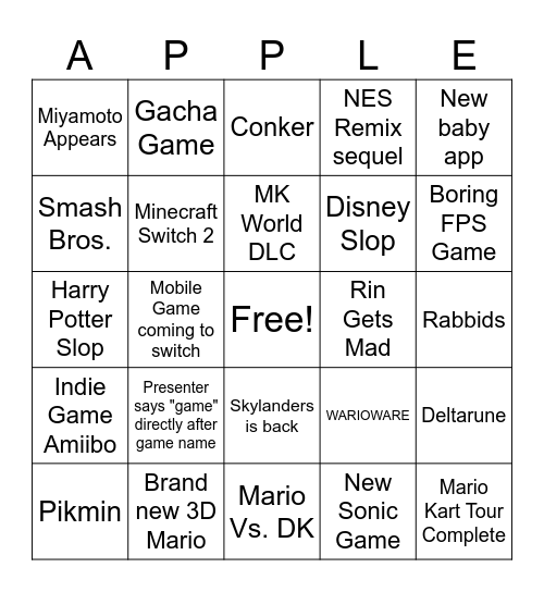 Nintendo Direct Bingo Apple Bingo Card