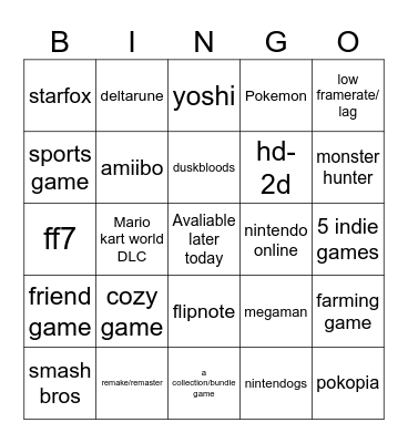 nintendo direct Bingo Card