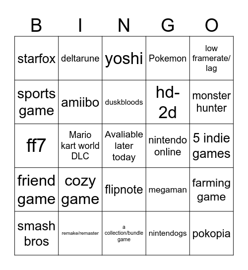 nintendo direct Bingo Card