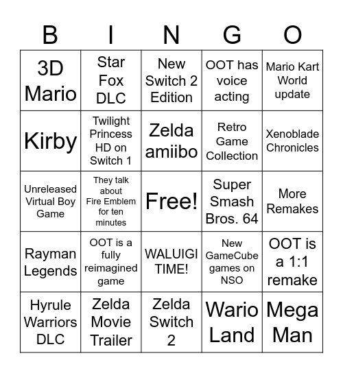 Nintendo Double Direct 9/8-9/26 Bingo Card