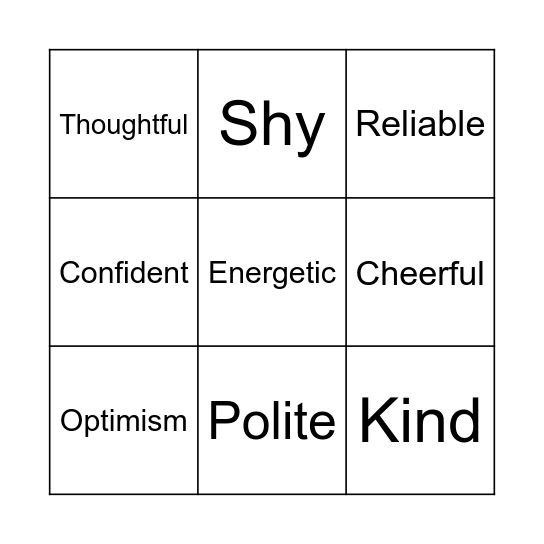 Personal description Bingo Card