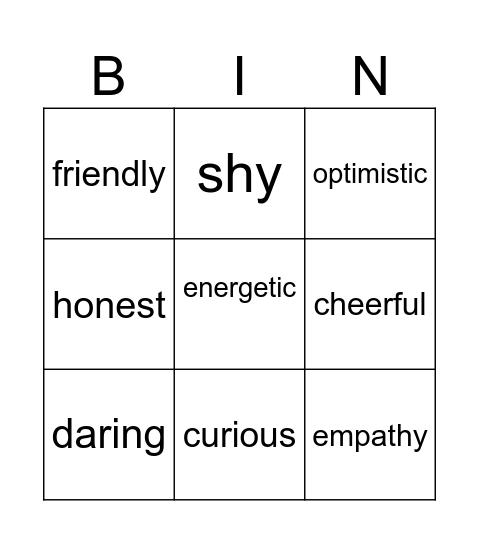 Personal Descriptions Bingo Card