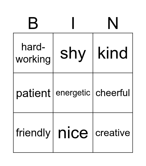 personal Description Bingo Card