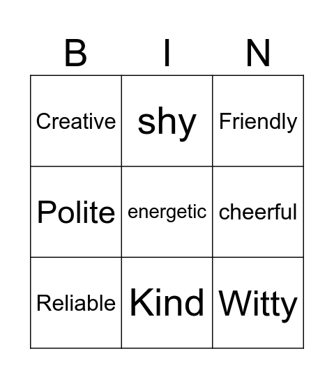 Personal Description Bingo Card