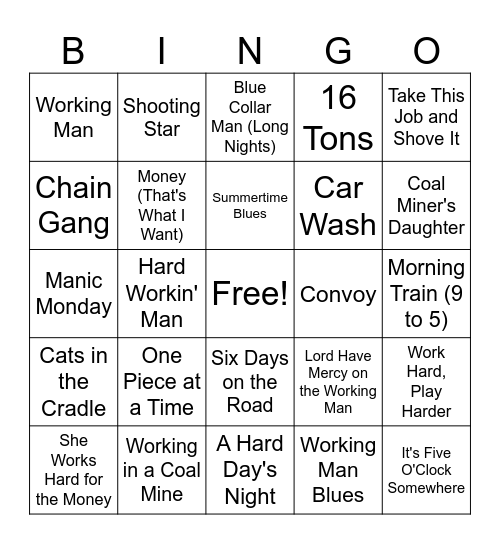 Work Songs Bingo Card