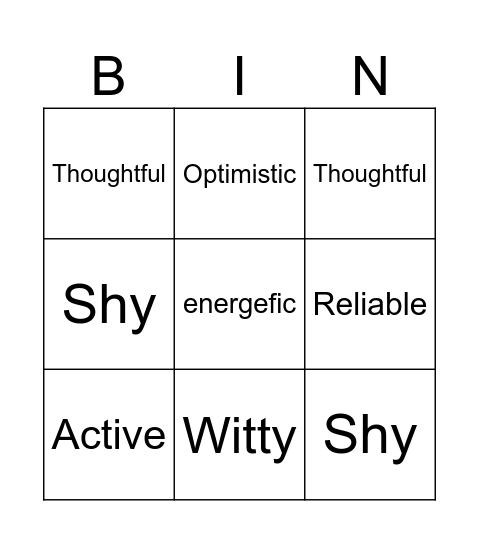 Personal Descriptions Bingo Card