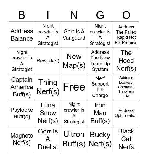 Marvel Rivals Season 10 Predictions Bingo Card