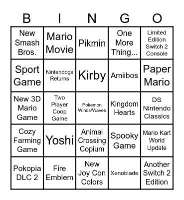 Nintendo Direct Bingo Card