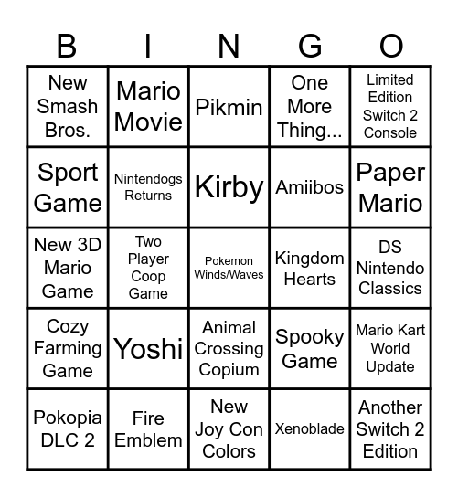 Nintendo Direct Bingo Card