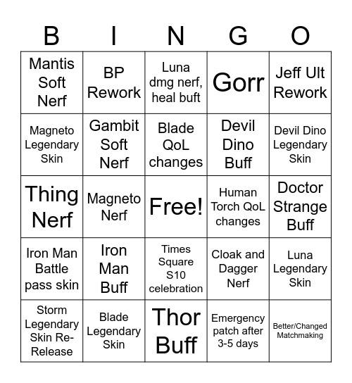 Marvel Rivals S10 BINGO! Bingo Card