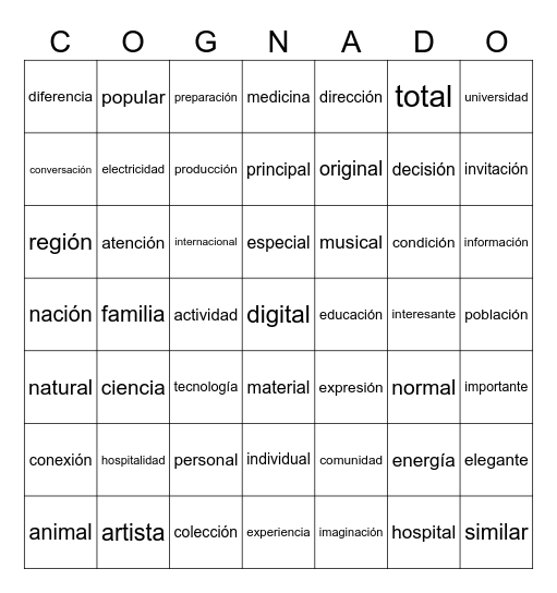 ¡LOTO! de Cognados Bingo Card